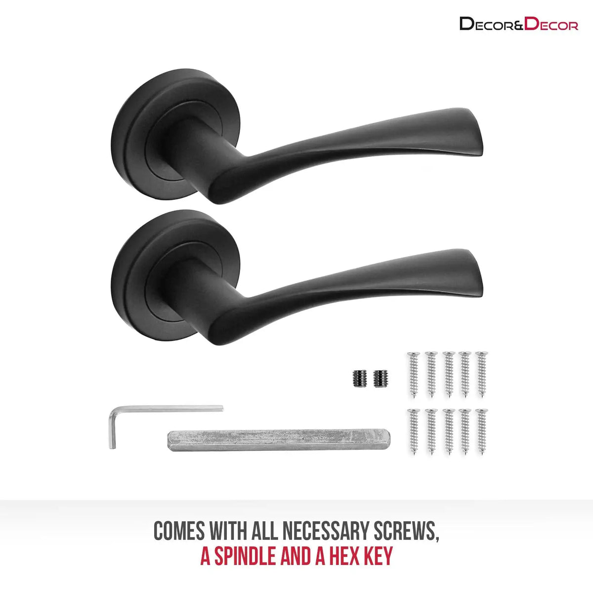 Two Apex Matt Black Door Lever Handles with mounting hardware for latches and hinges