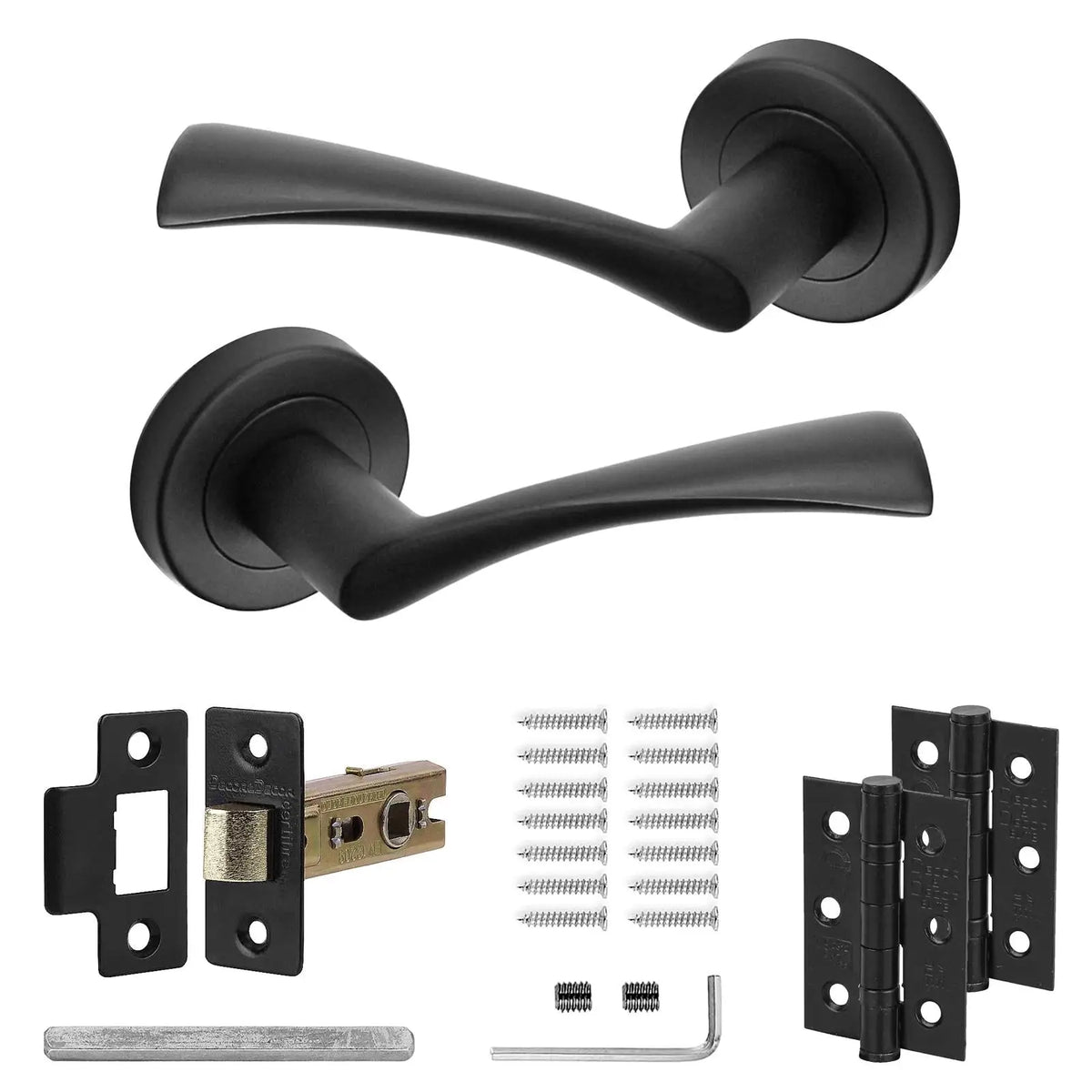 Apex Matt Black Door Lever Handles Latch and Hinge Set with Black Door Handle Set