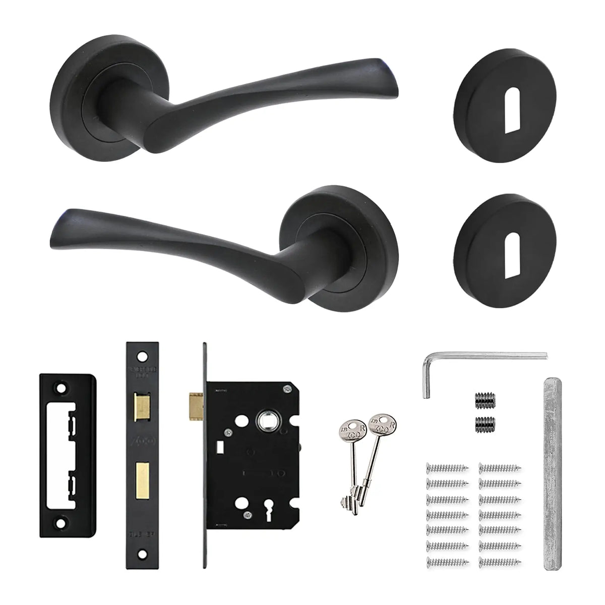 Apex Matt Black Privacy Door Lever Handles - Sash Lock Kit Set