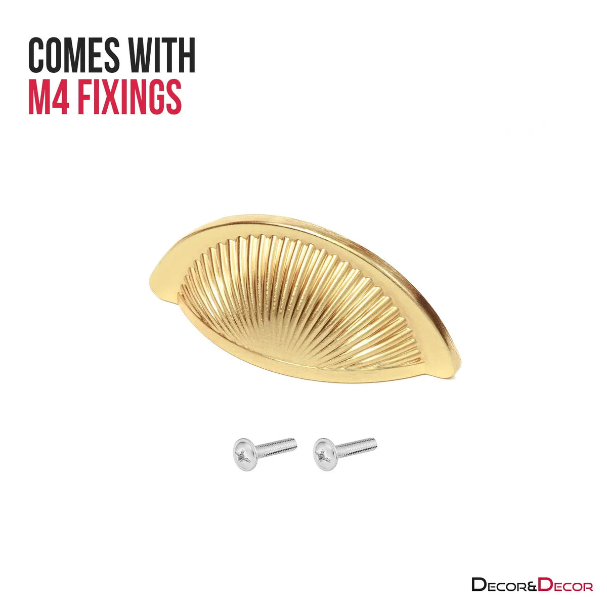 Gold shell-shaped drawer pull with screws for Arro Matt Gold kitchen cabinet cup handle