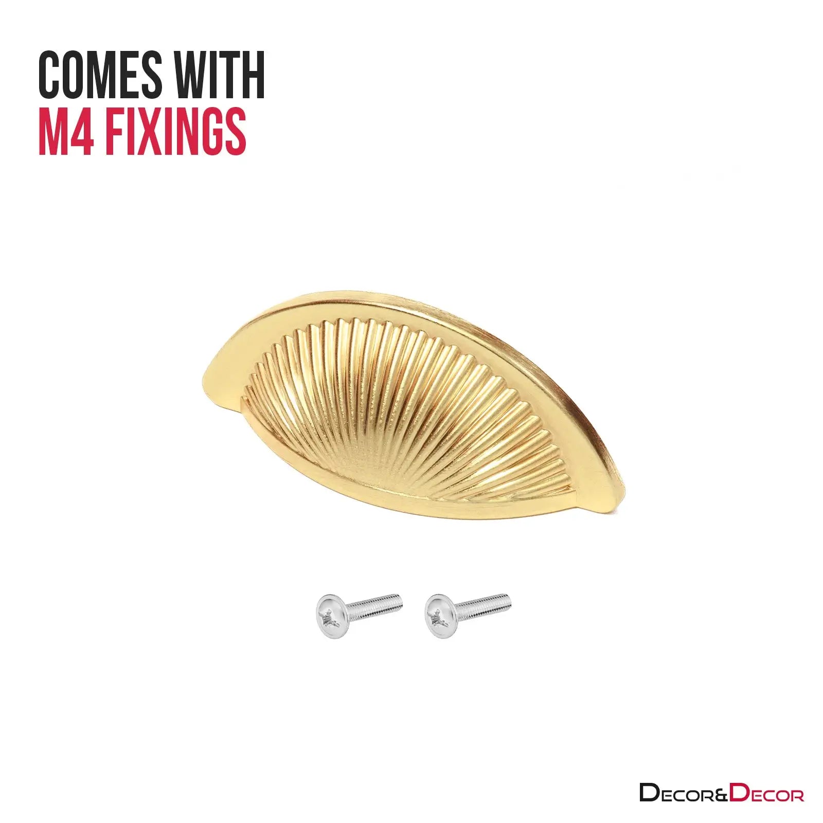 Gold shell-shaped drawer pull with screws for Arro Matt Gold kitchen cabinet cup handle