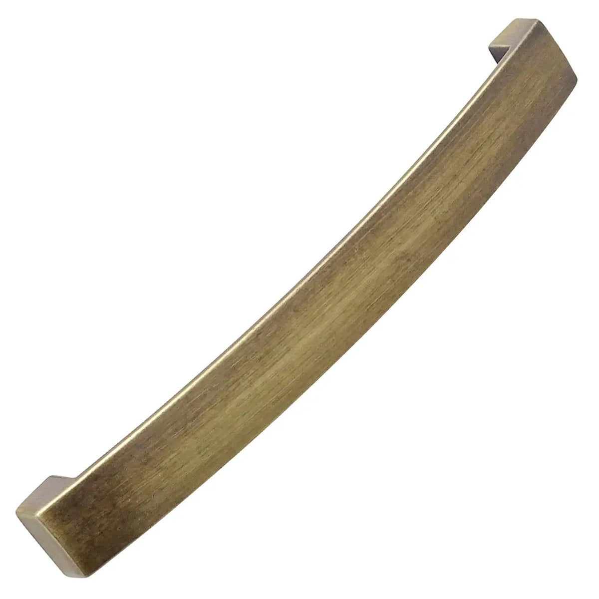 Curved bronze drawer pull on Asteria Bow Kitchen Cupboard Handle in Antique Brass