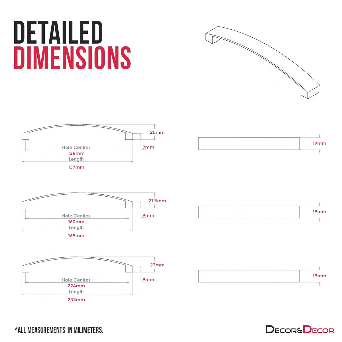 Detailed dimensions of Asteria Bow Kitchen Cupboard Handle in Satin Nickel