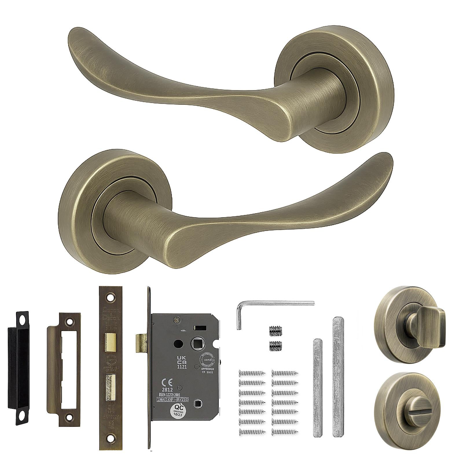 Nimbus Antique Brass Bathroom Door Lever Handles - Bathroom Kit Set