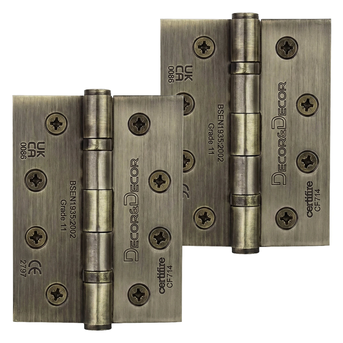 Pair of fire rated antique brass door hinges with 'DecorAndDecor' branding on a white background