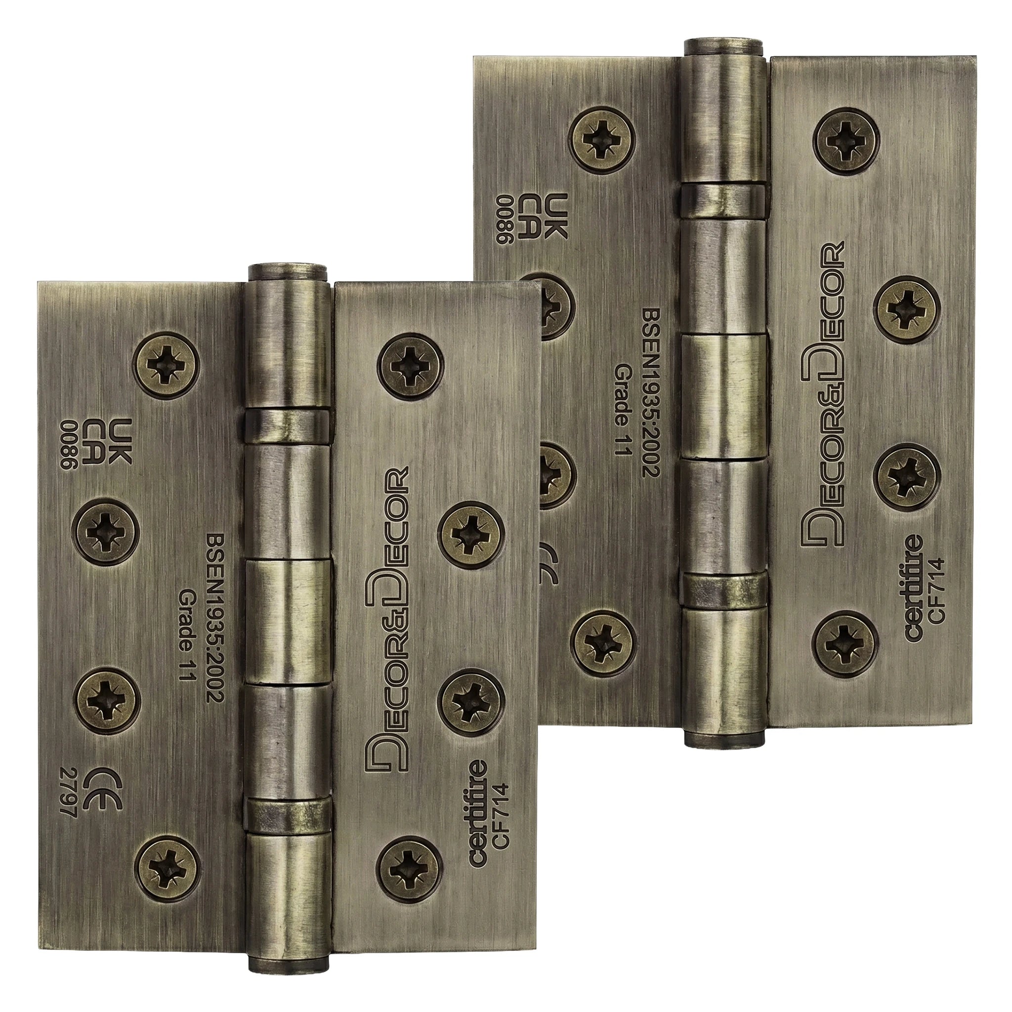 Pair of fire rated antique brass door hinges with 'DecorAndDecor' branding on a white background