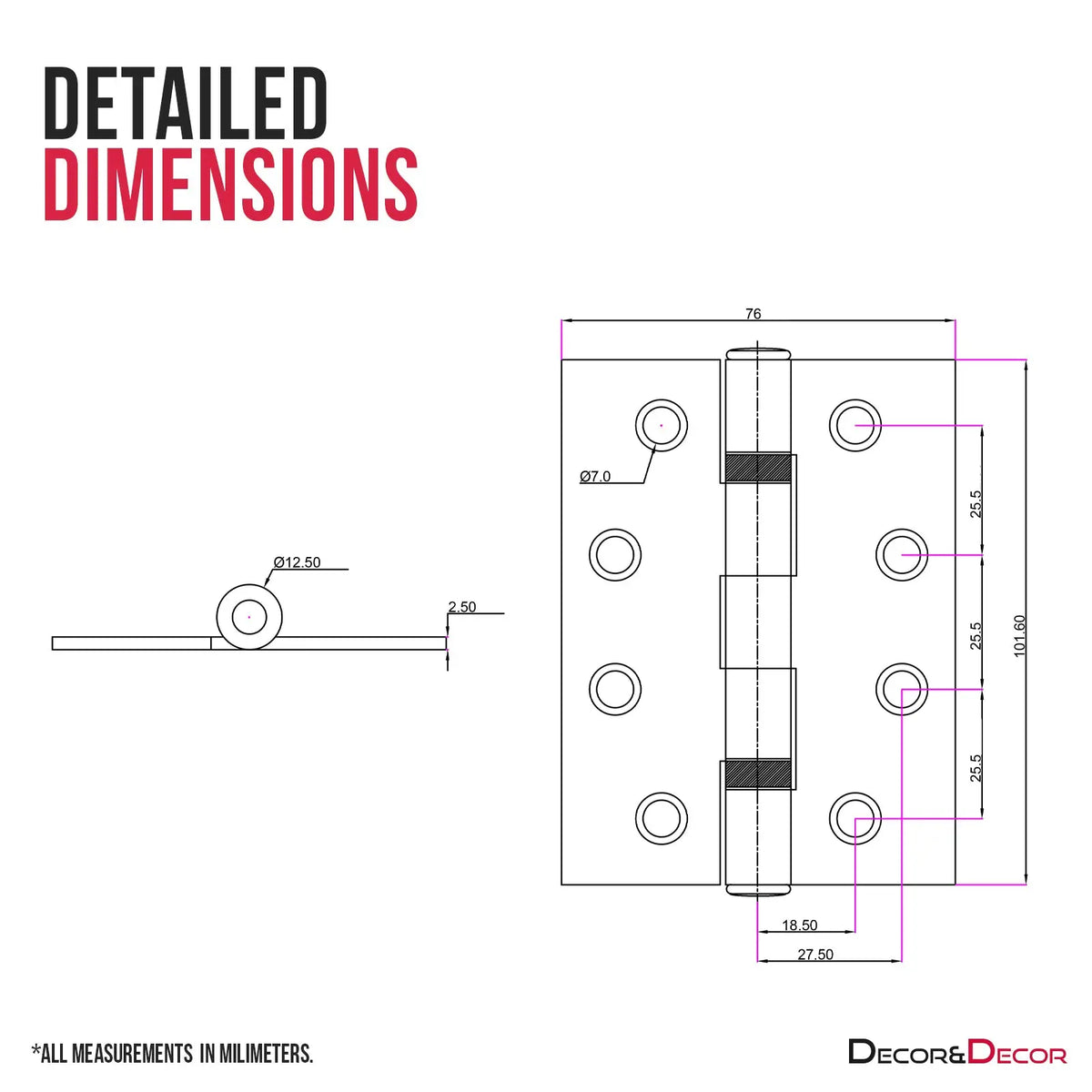 Hinge dimensions diagram for Ball Bearing Fire Rated Door Hinges Antique Brass 102mm