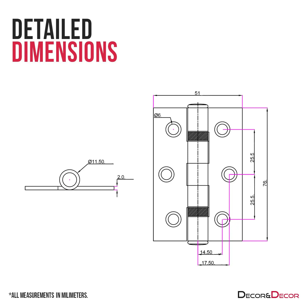 Hinge dimensions diagram for Ball Bearing Fire Rated Door Hinges in Antique Brass