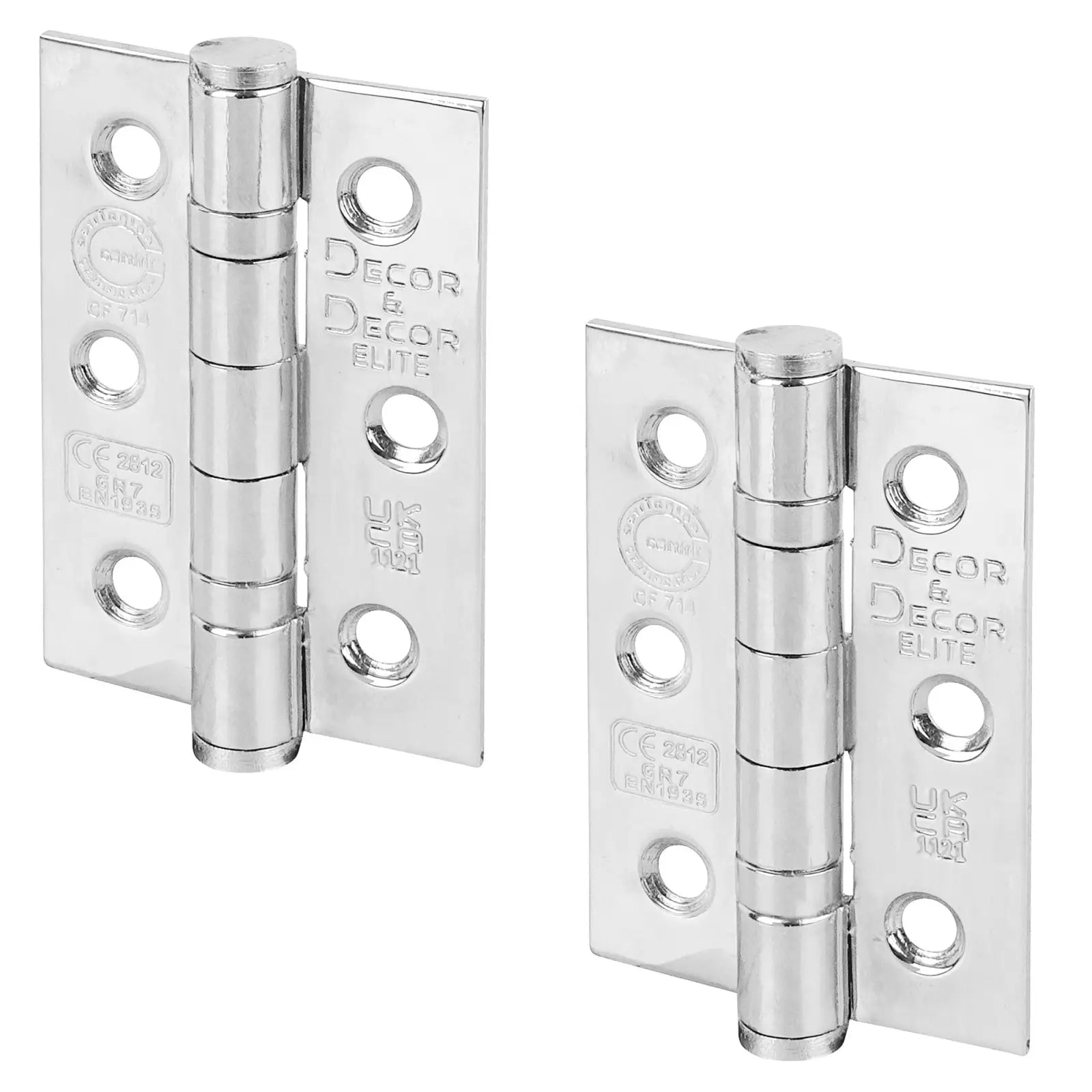 Two polished chrome ball bearing fire rated door hinges, 76mm pair, shiny and durable