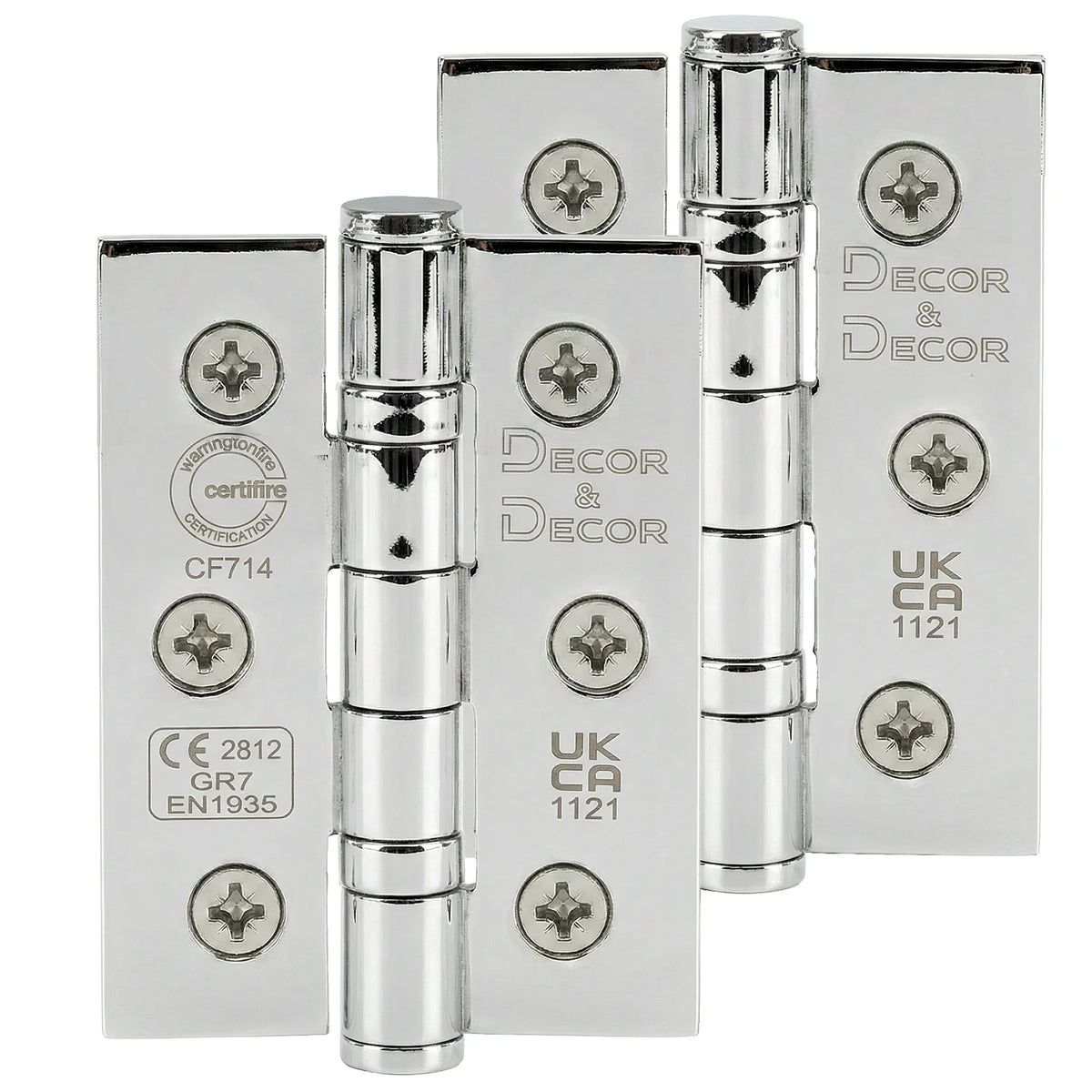 Decor & Decor chrome fire rated door hinges with packaging on a white background