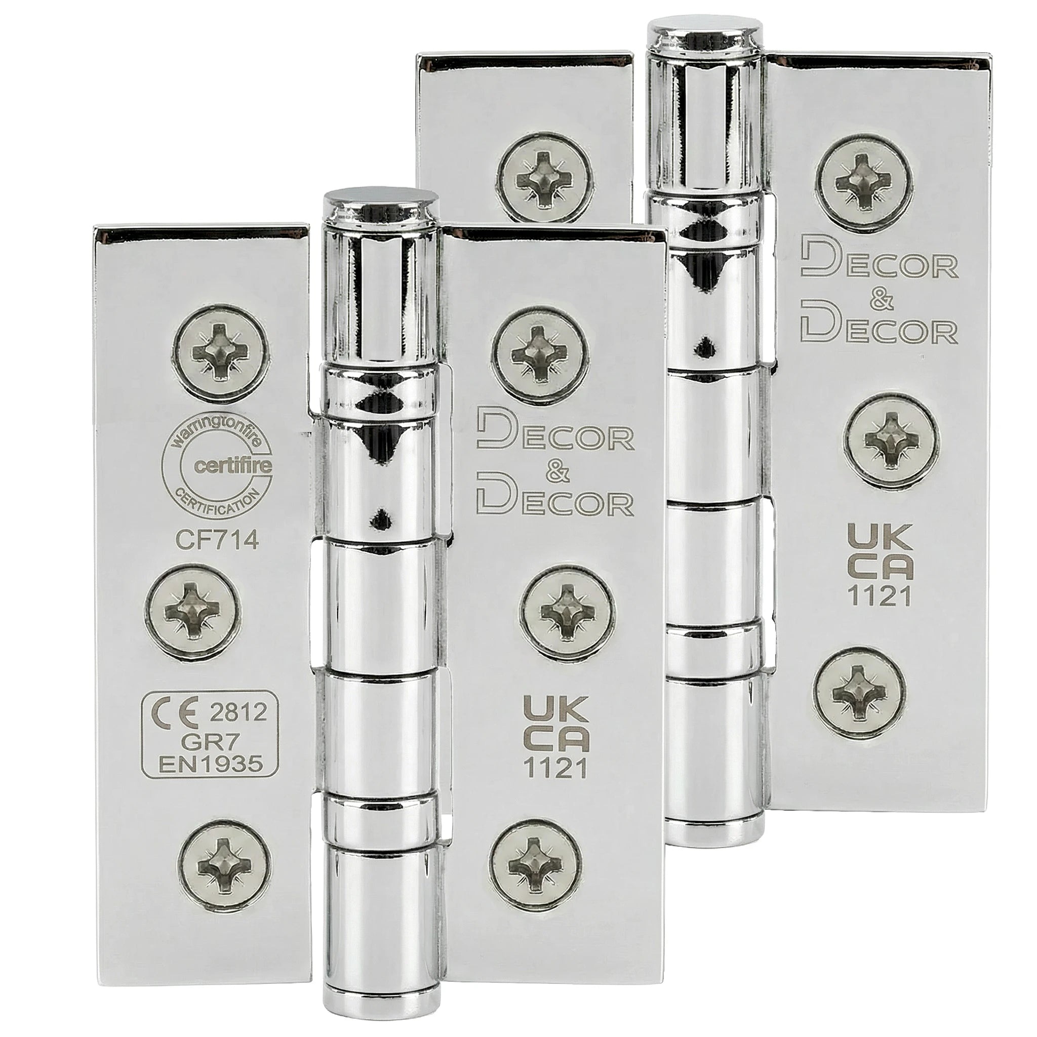 Decor & Decor chrome fire rated door hinges with packaging on a white background