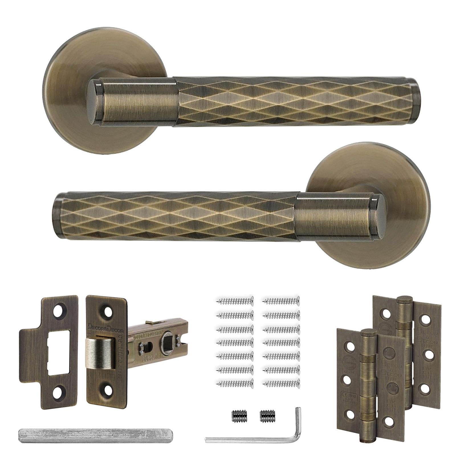 Tore Antique Brass Passage Door Handles - Latch and Hinge Set