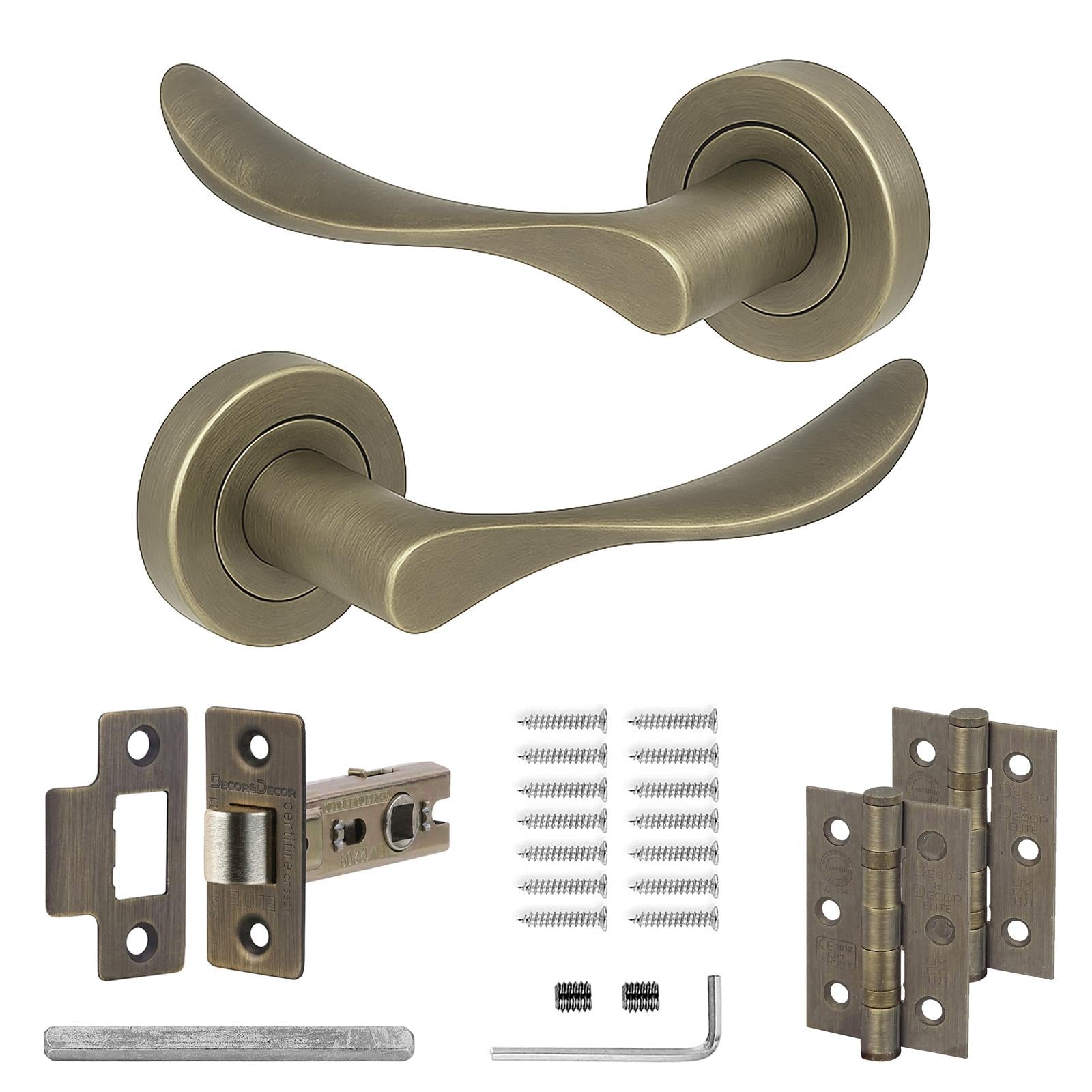 Nimbus Antique Brass Door Lever Handles - Latch And Hinge Set