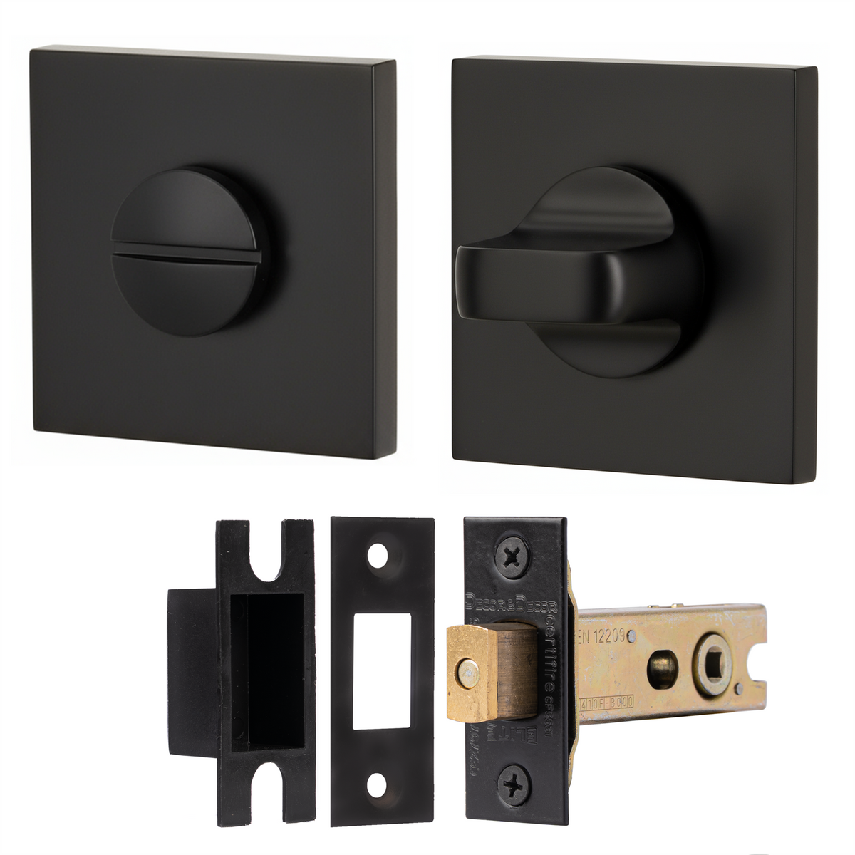 Fire Rated Tubular Mortice Deadbolt and Square Bathroom Turn And Release Thumbturn - Matt Black