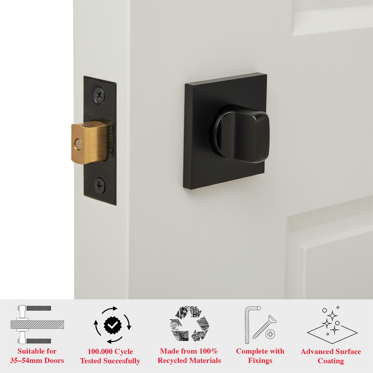 Fire Rated Tubular Mortice Deadbolt and Square Bathroom Turn And Release Thumbturn - Matt Black – view 3