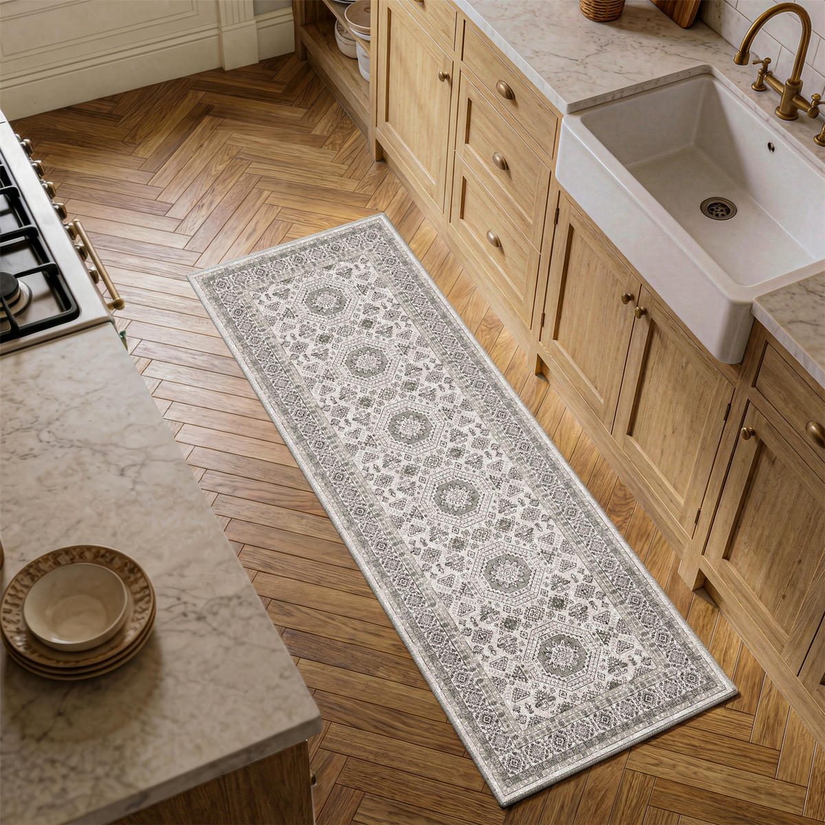 Vassia - Monochrome Washable Kitchen Rug - 60x180cm