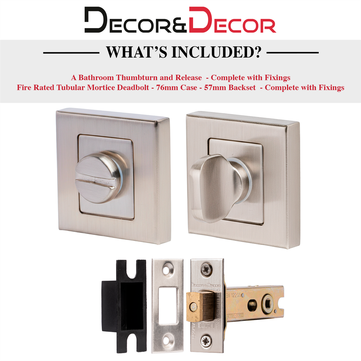 Fire Rated Tubular Mortice Deadbolt and Square Bathroom Turn And Release Thumbturn - Satin Nickel – view 7