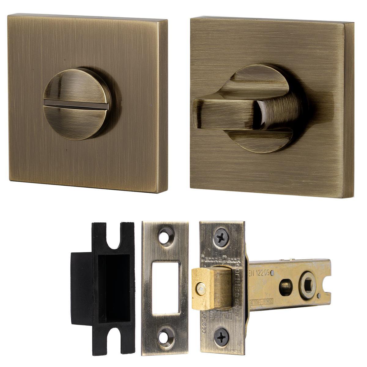 Fire Rated Tubular Mortice Deadbolt and Square Bathroom Turn And Release Thumbturn - Antique Brass