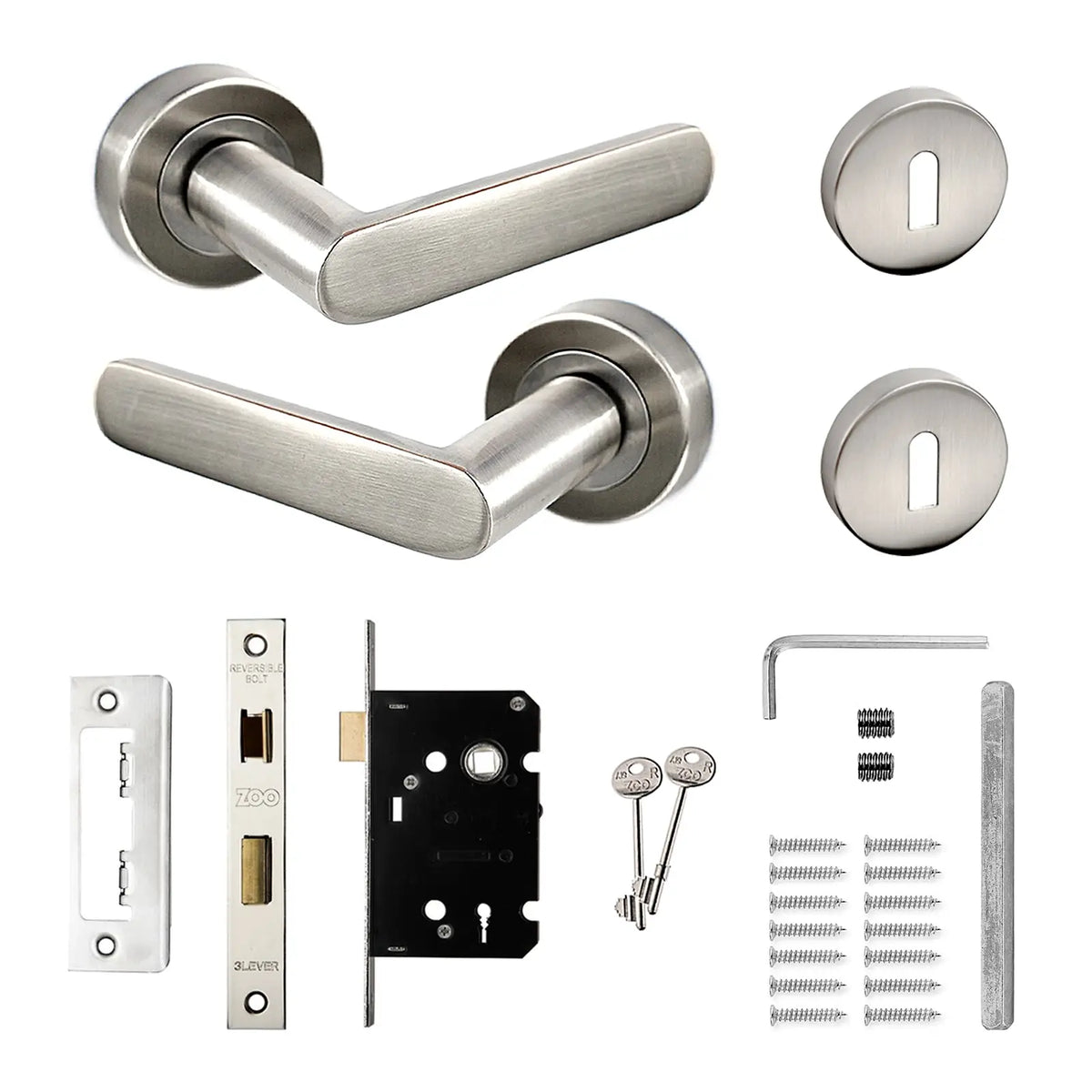 Echo Satin Nickel Privacy Door Lever Handles - Sash Lock Kit Set