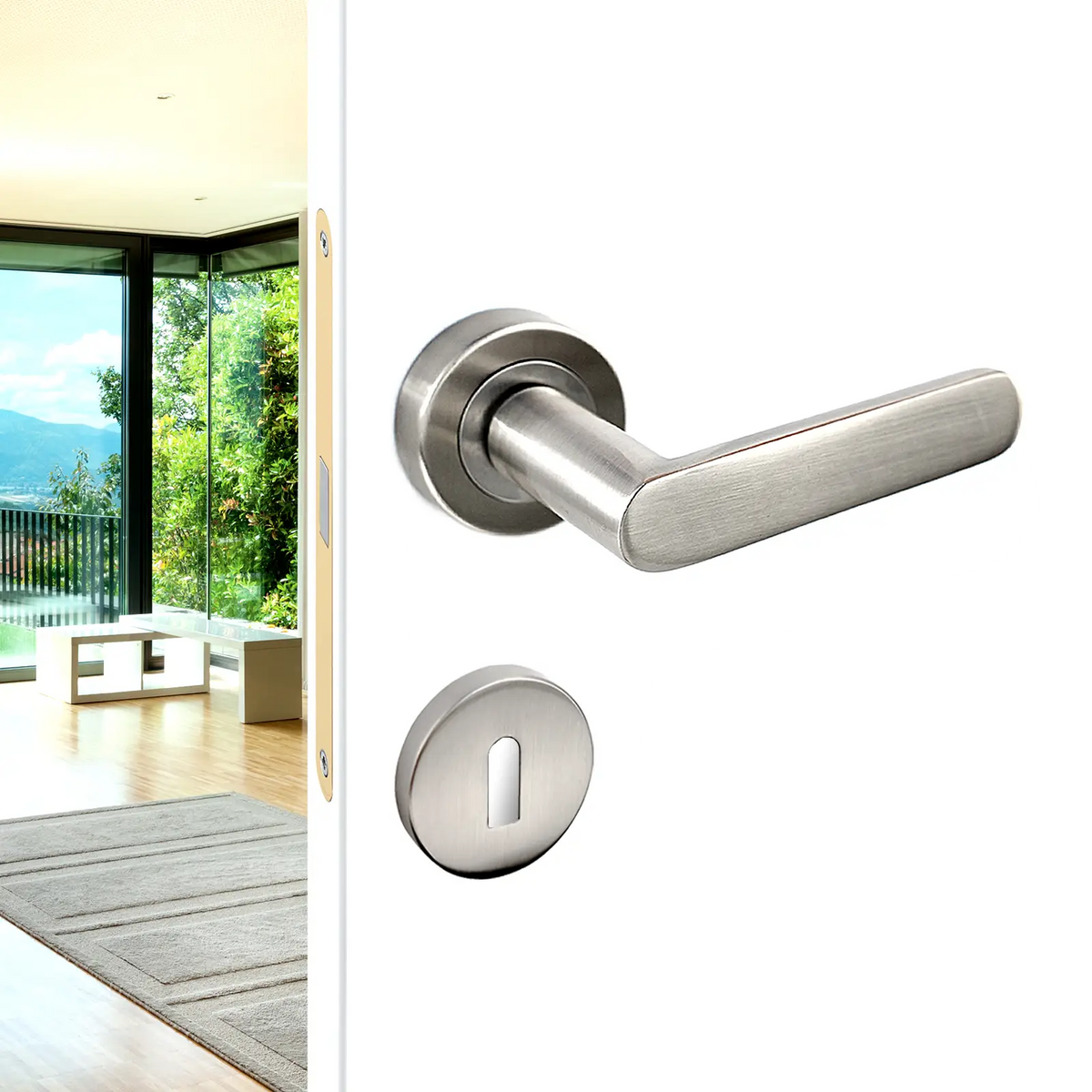 Echo Satin Nickel Privacy Door Lever Handles - Sash Lock Kit Set – view 2