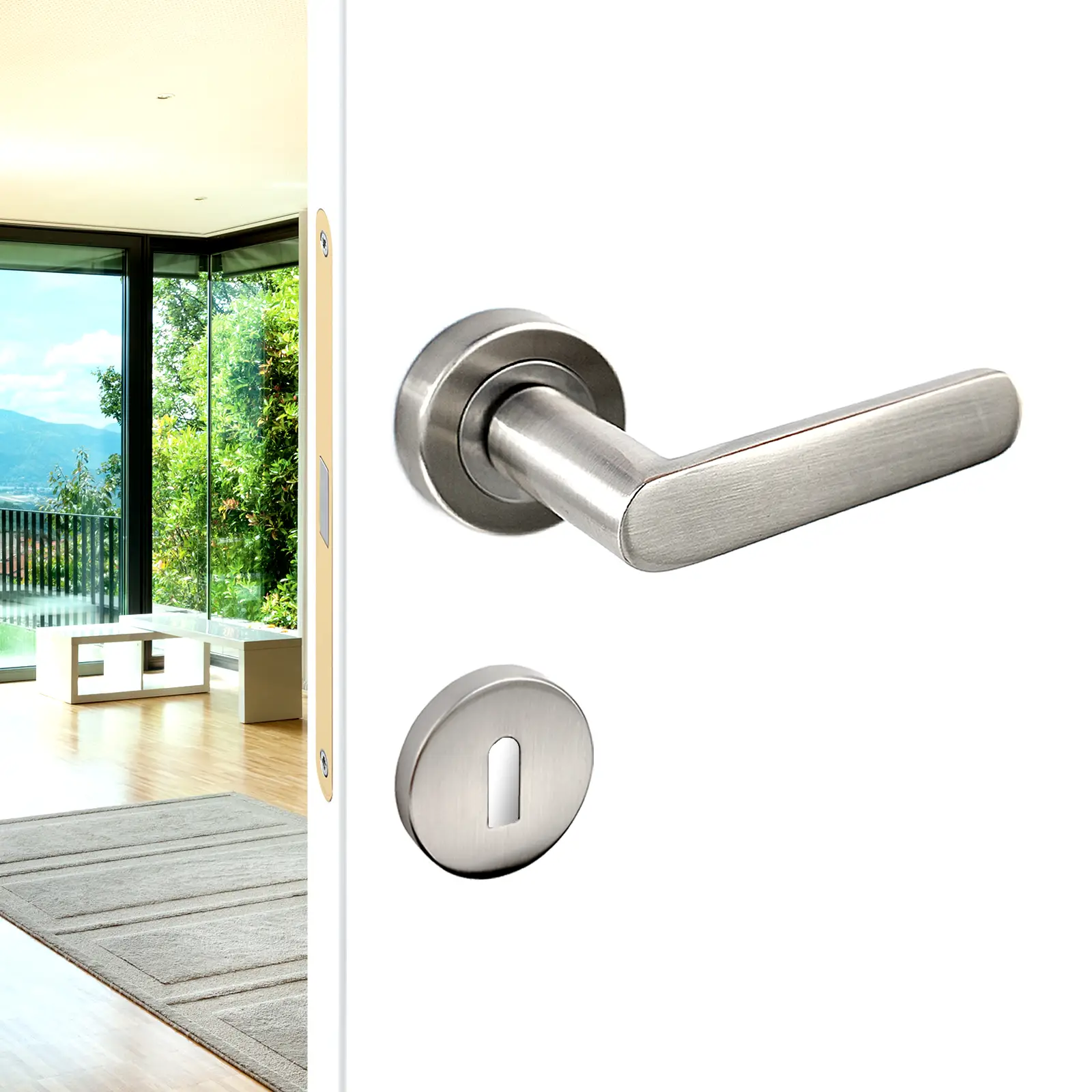Echo Satin Nickel Privacy Door Lever Handles - Sash Lock Kit Set - Decor And Decor