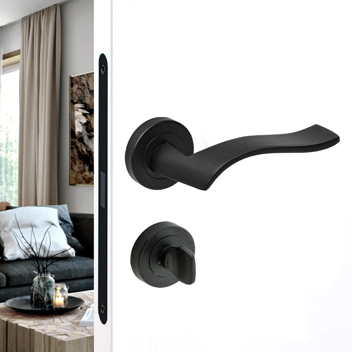 Emblaze Matt Black Bathroom Door Lever Handles - Bathroom Kit Set – view 2