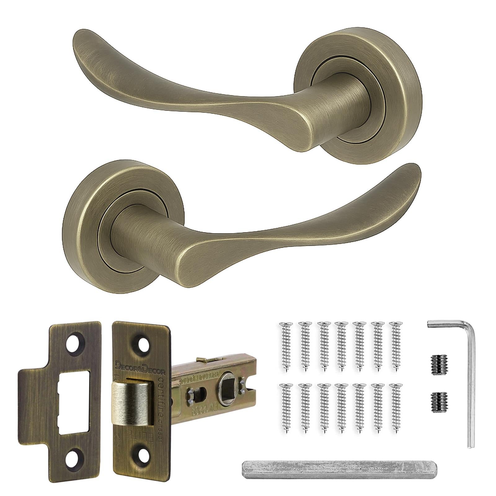 Nimbus Antique Brass Passage Door Lever Handles - Latch Kit Set