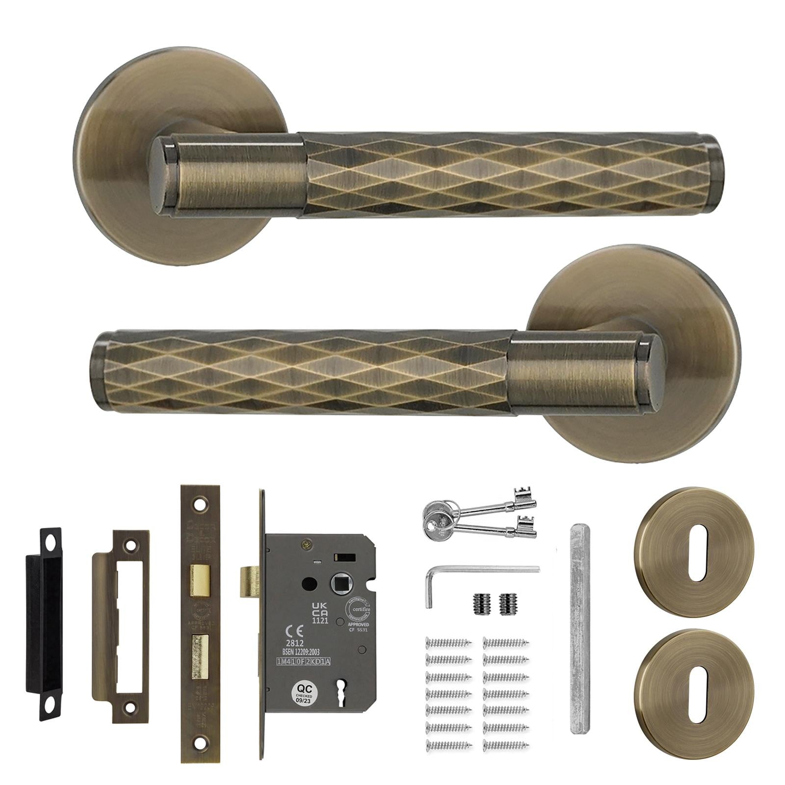 Tore Antique Brass Privacy Door Handles - Sash Lock Kit Set