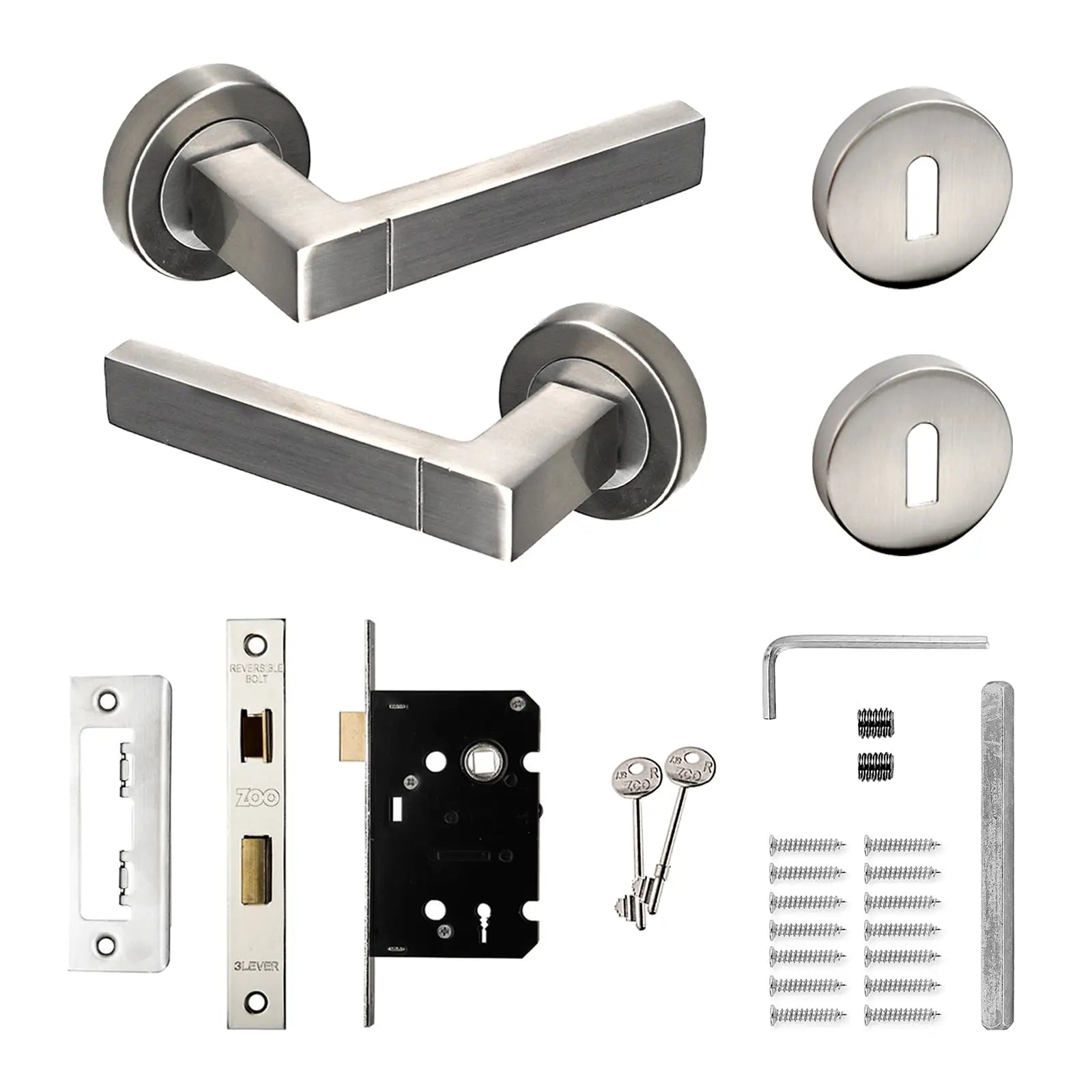 Lumina Satin Nickel Privacy Door Lever Handles - Sash Lock Kit Set - Decor And Decor