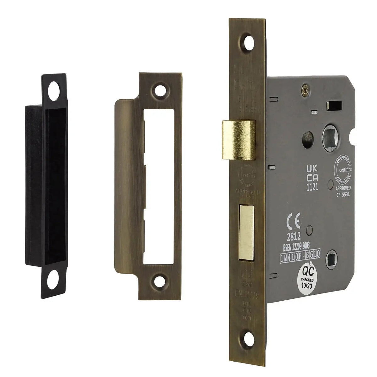 Mortise lock with strike plates for Fire Rated Bathroom Mortice Lock in Antique Brass
