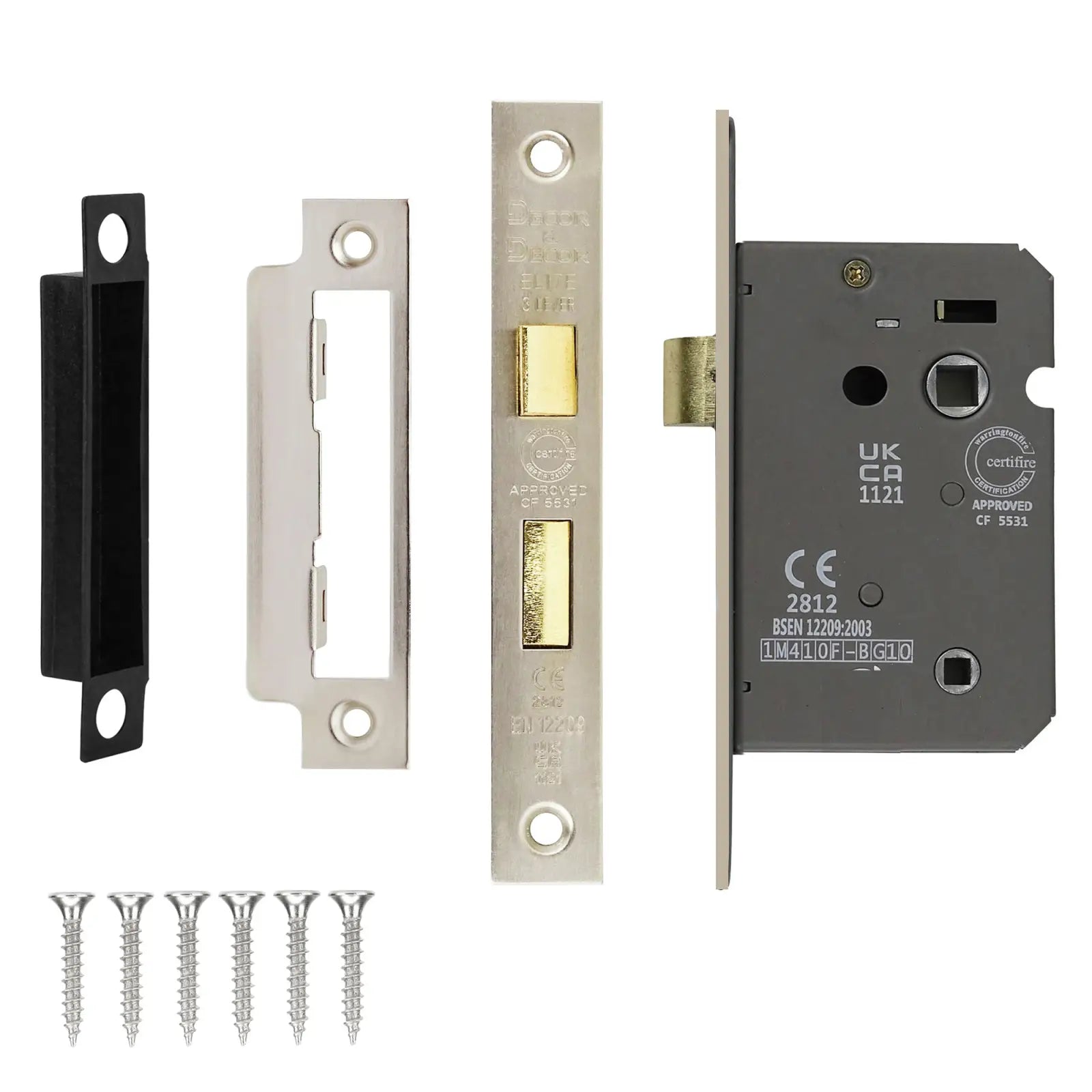 Door latch set with screws for Fire Rated Bathroom Mortice Lock in Satin Nickel finish