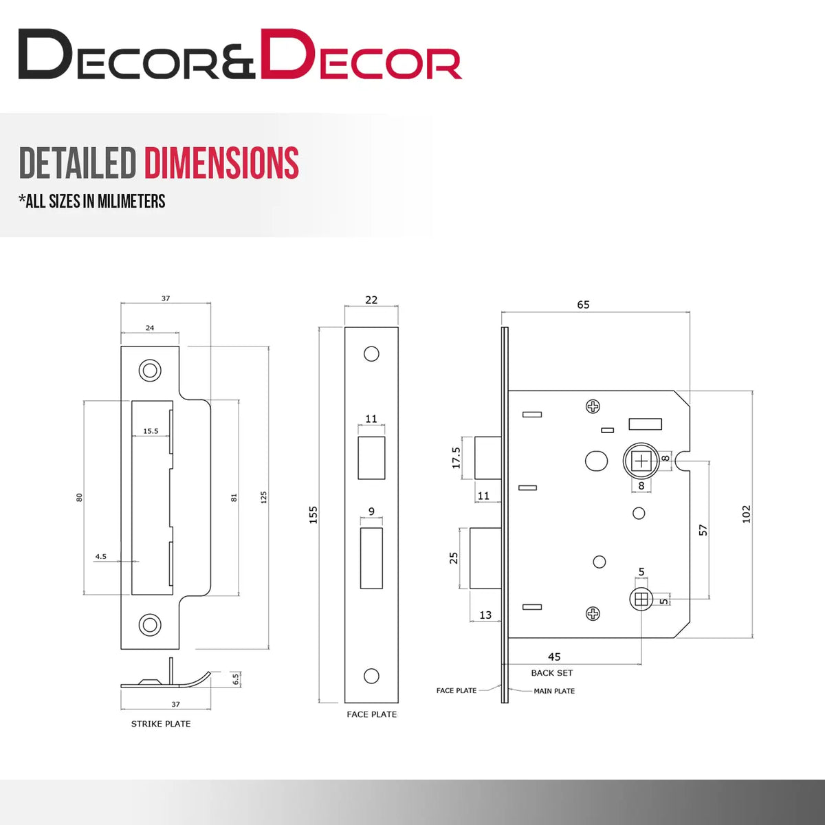 Dimensional drawing of Fire Rated Bathroom Mortice Lock in Satin Nickel finish