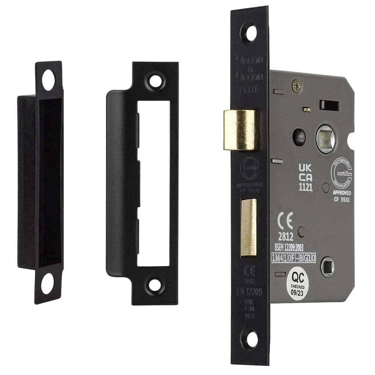 Black Mortise Lock with Strike Plates for Fire Rated Bathroom - 76mm Matt Black