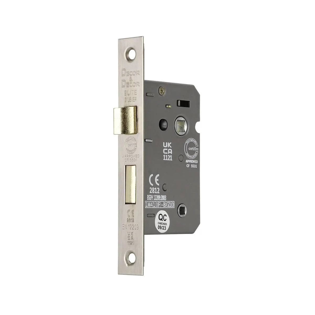 Silver-colored mortise lock for Fire Rated Bathroom Mortice Lock in Satin Nickel finish