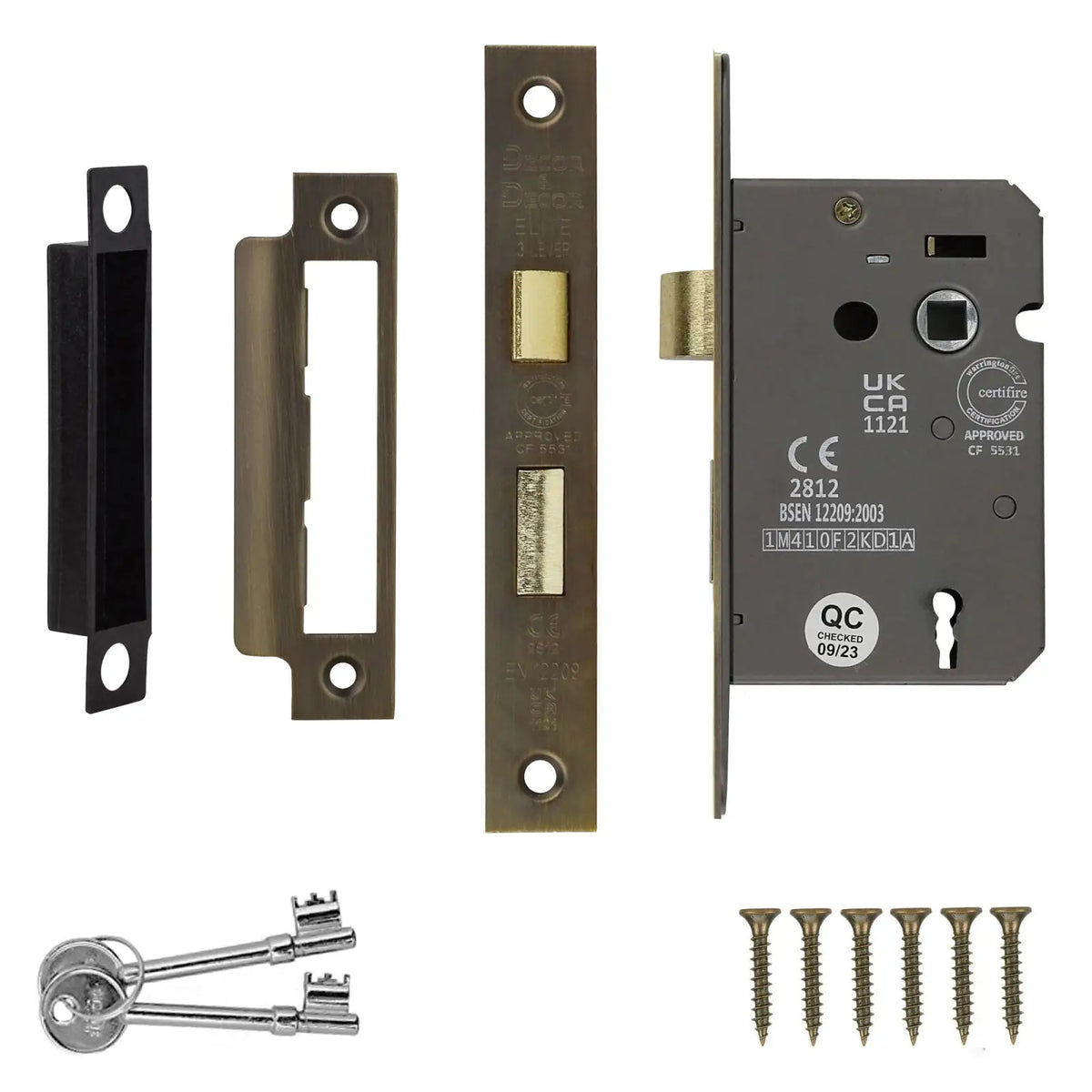 Fire Rated Sash Mortice Lock 64mm Antique Brass with keys and screws included