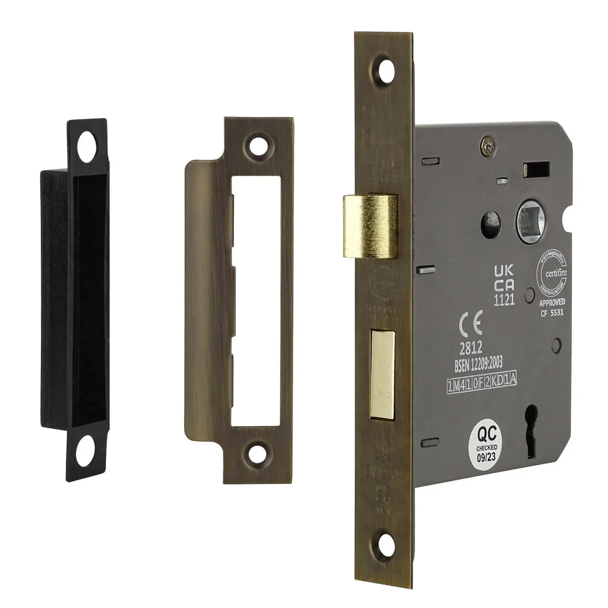Mortise lock with strike plates in Fire Rated Sash Mortice Lock 64mm Antique Brass finish