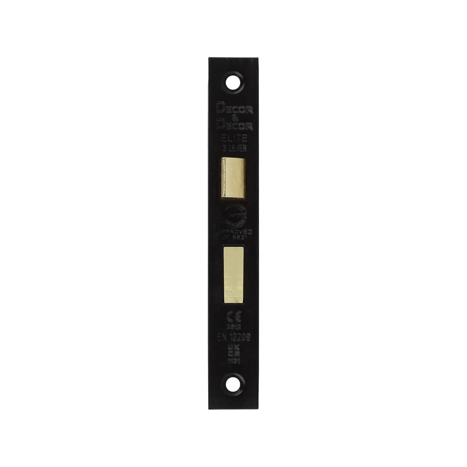 Black metal door strike plate with brass-colored openings for Fire Rated Sash Mortice Lock