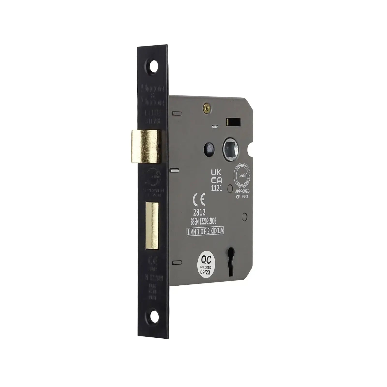 Mortise lock with dark faceplate on Fire Rated Sash Mortice Lock in Matt Black
