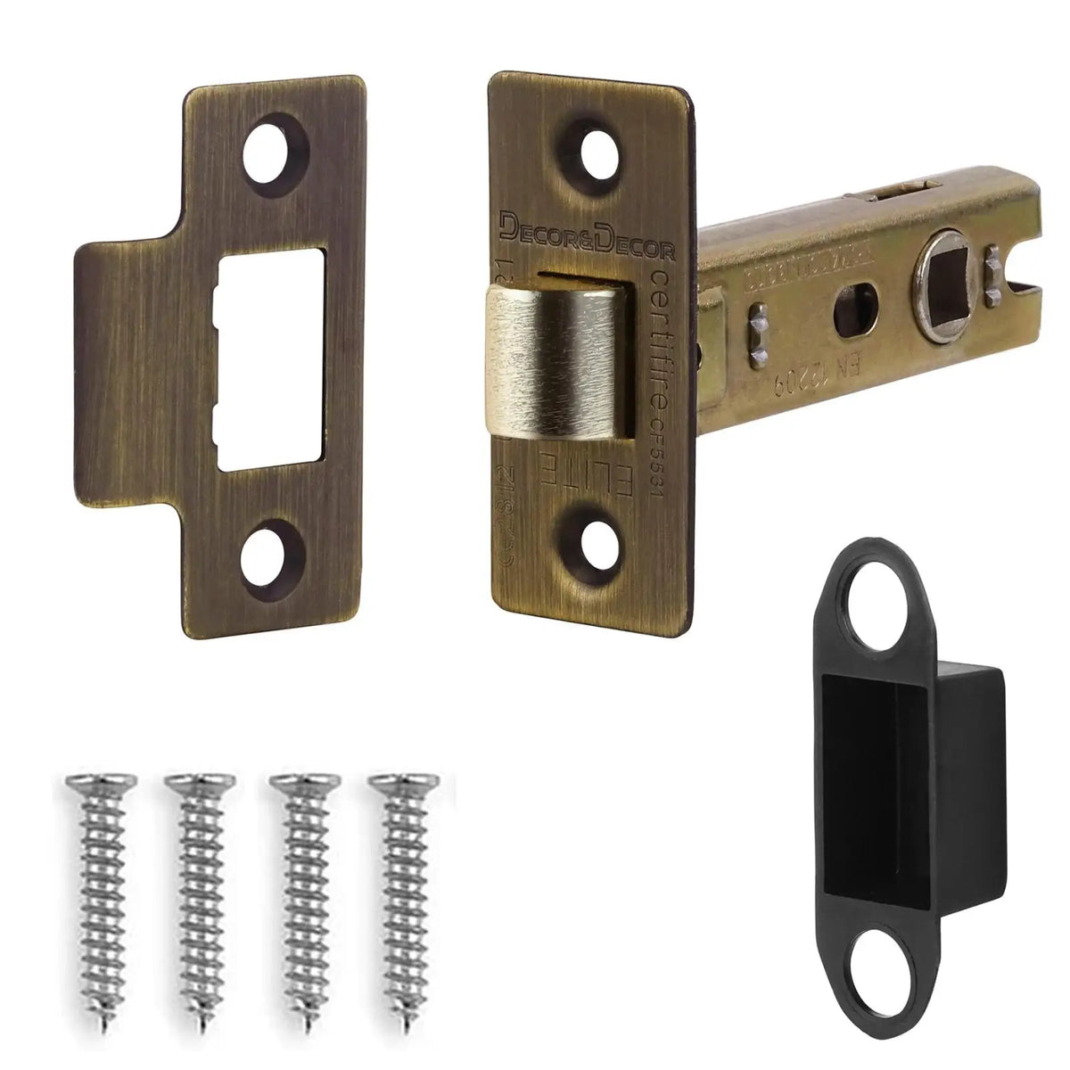 Antique brass door latch and strike plates with screws for Fire Rated Tubular Mortice Latch