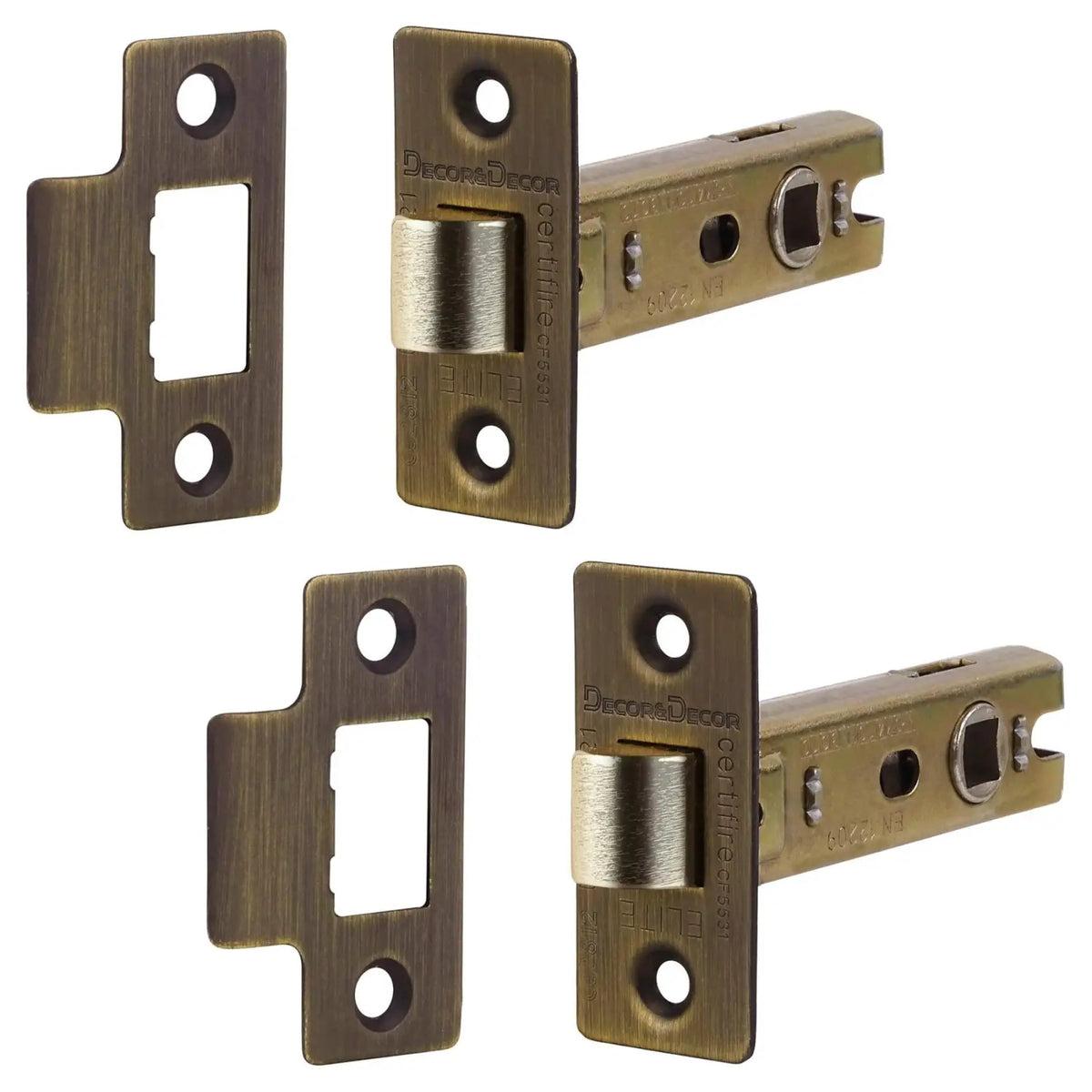 Two antique brass door latches in a 2 pack of Fire Rated Tubular Mortice Latch 64mm