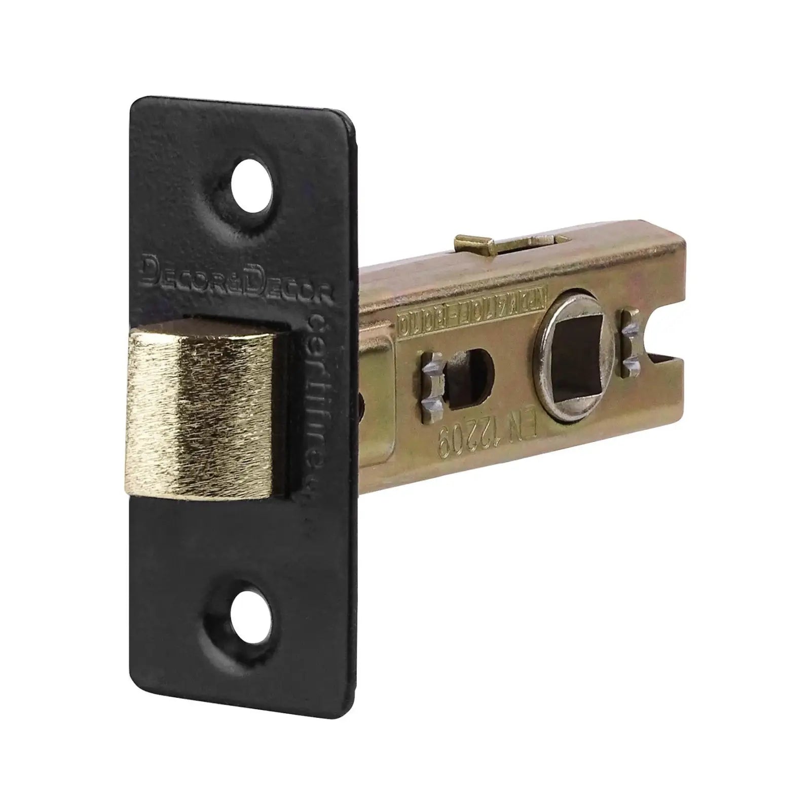 Brass-toned door latch with black strike plate for Fire Rated Tubular Mortice Latch