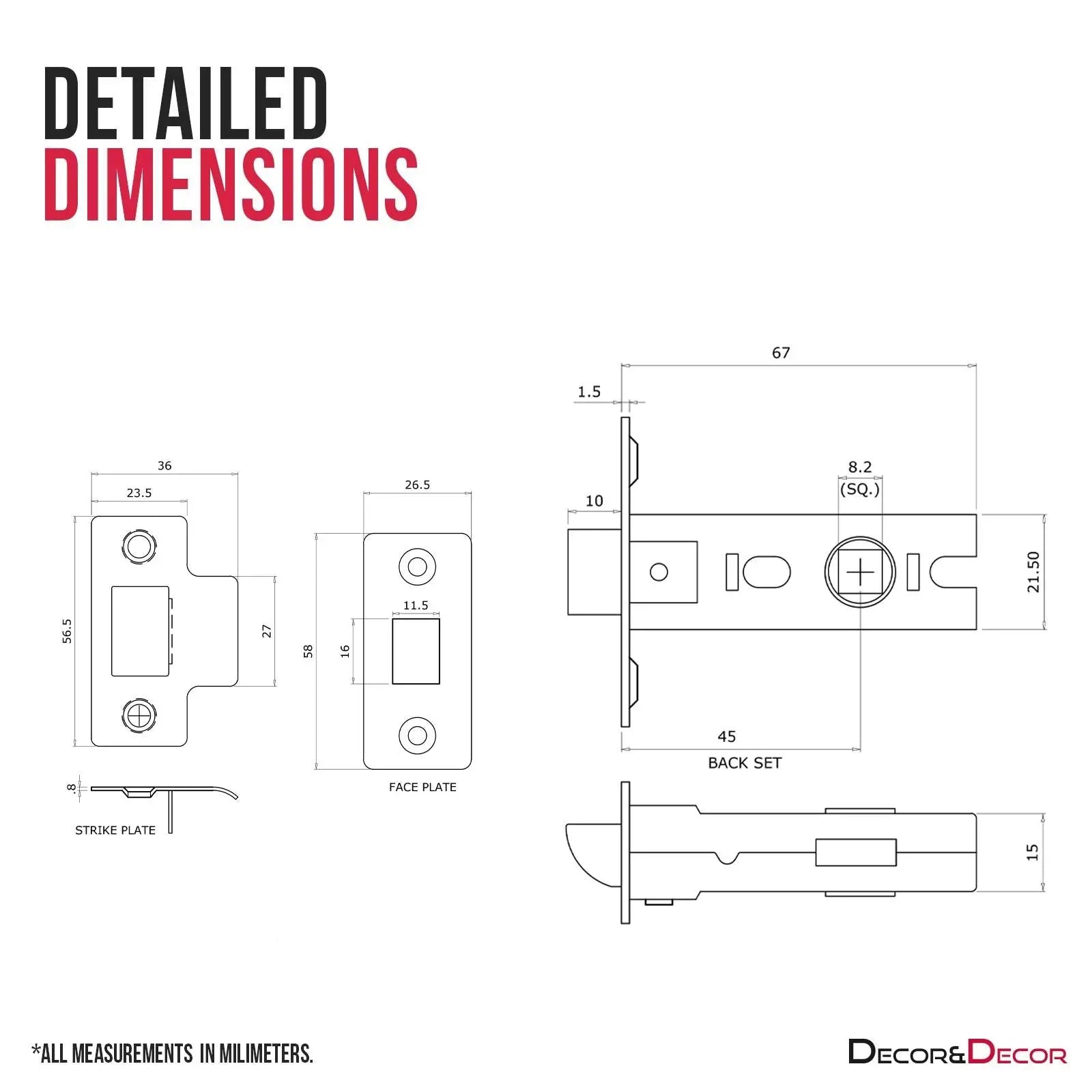 Detailed dimensions of the Fire Rated Tubular Mortice Latch in Matt Black