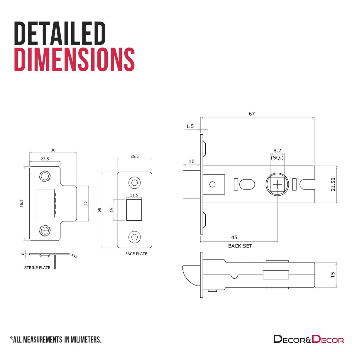 Detailed door latch dimensions for Fire Rated Tubular Mortice Latch in Polished Chrome