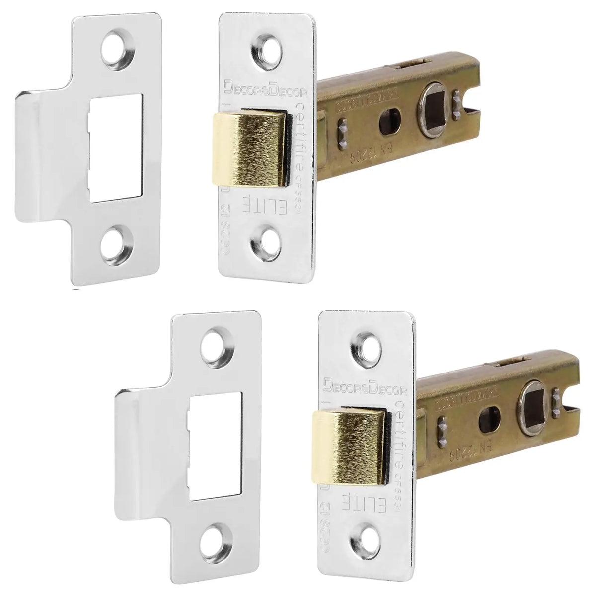 Two sets of door latches and strike plates for Fire Rated Tubular Mortice Latch 64mm Polished Chrome