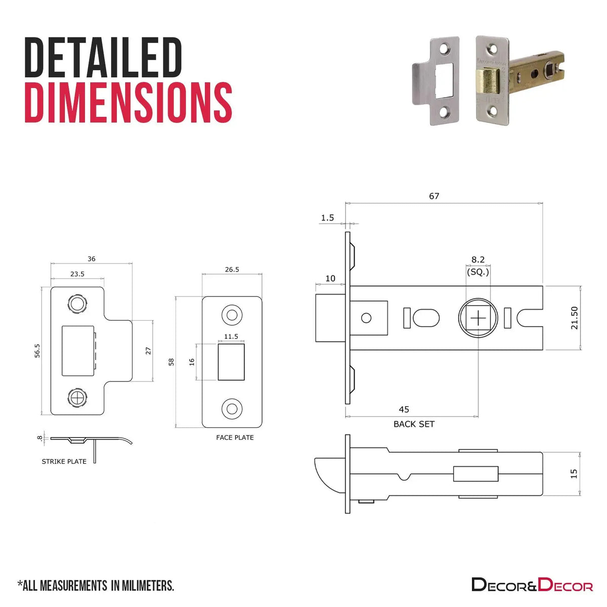 Fire Rated Tubular Mortice Latch dimensions in Satin Nickel finish 2 Pack