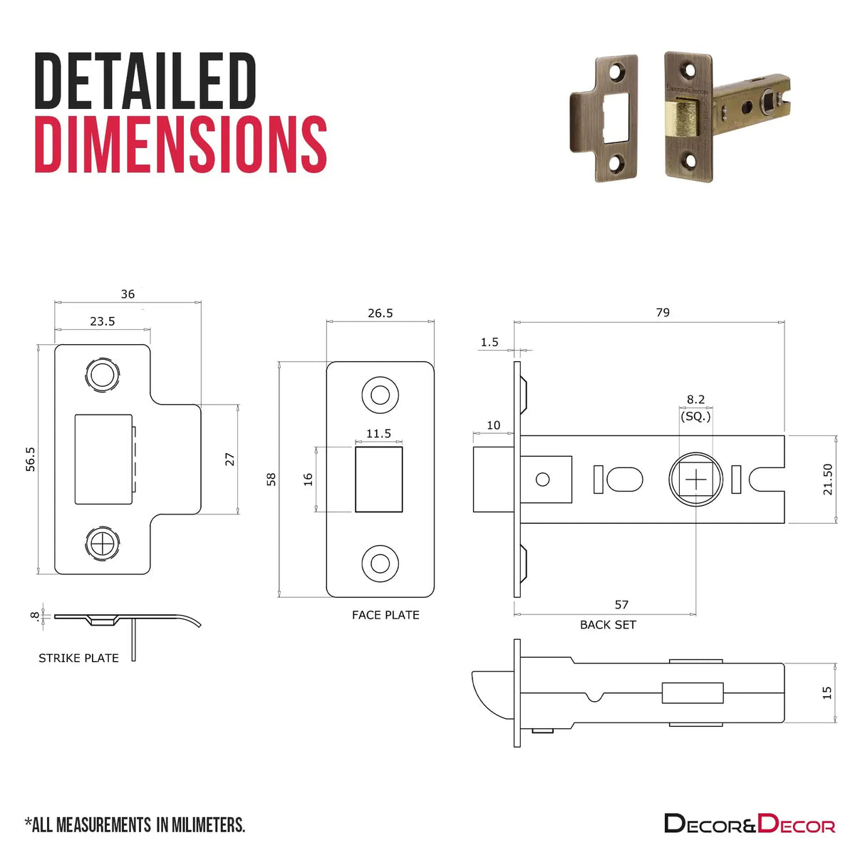 Fire Rated Tubular Mortice Latch 76mm Antique Brass Door Latch Dimensions Image