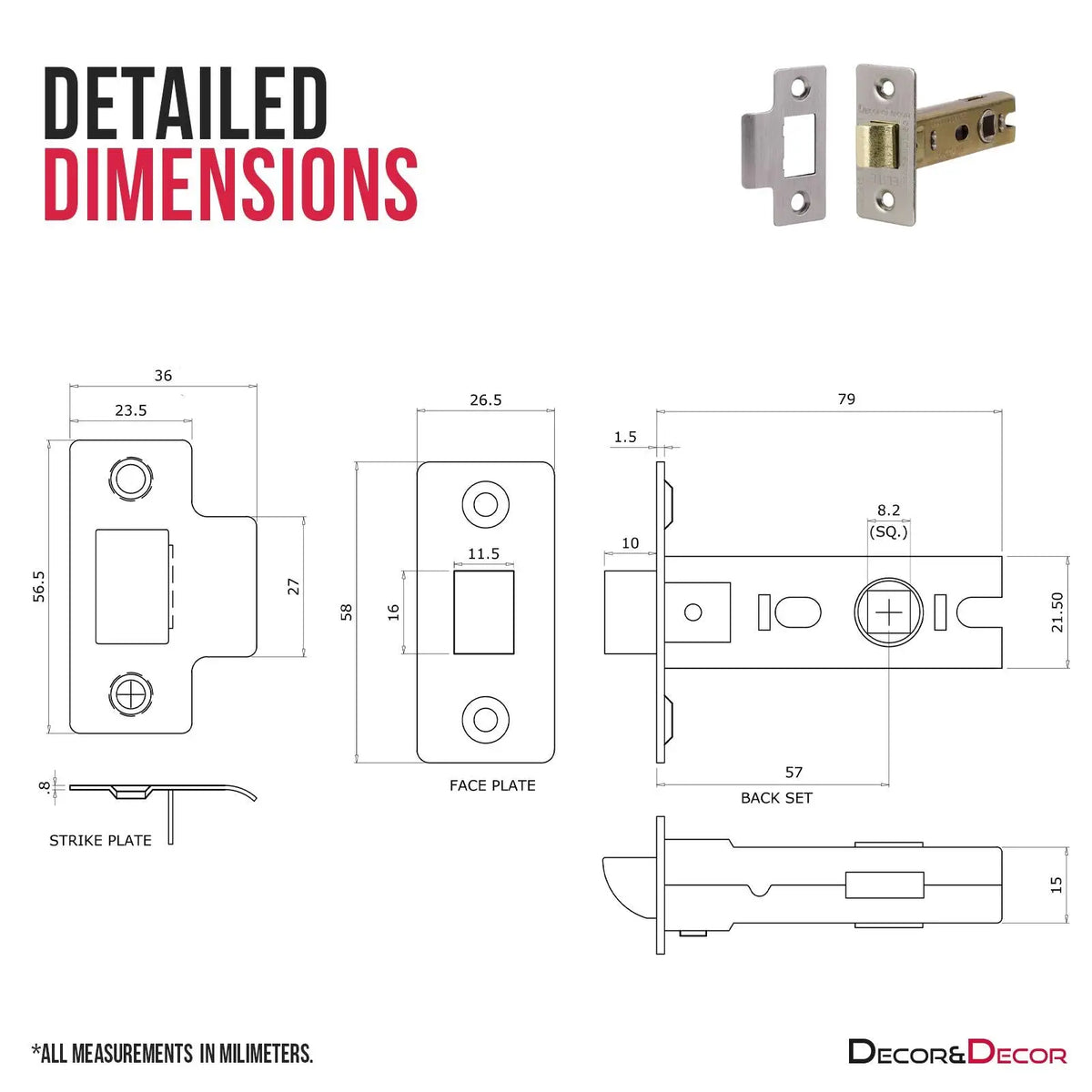 Dimensions of Fire Rated Tubular Mortice Latch 76mm Satin Nickel 2 Pack