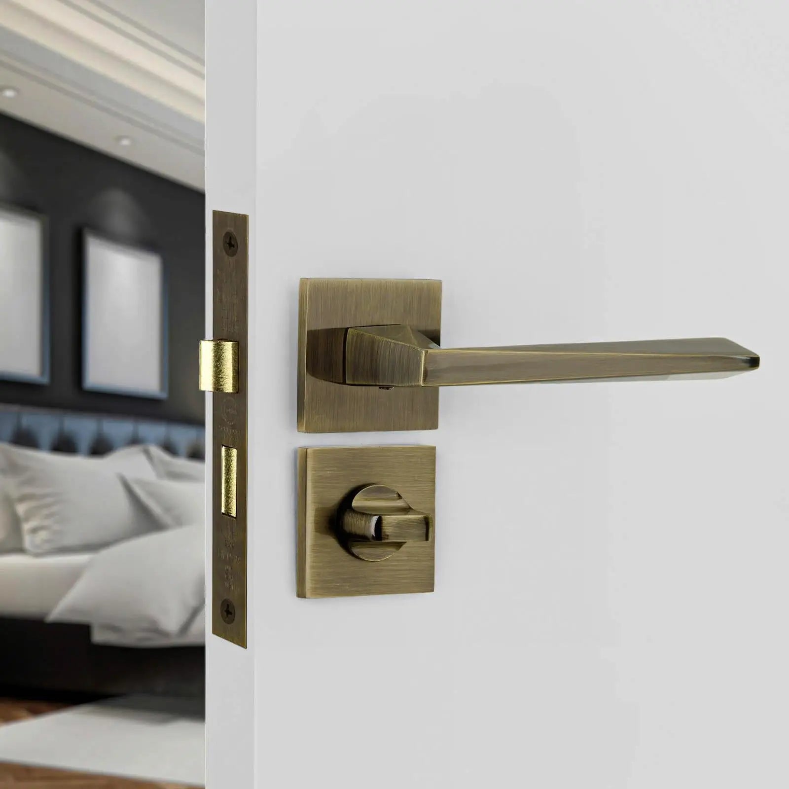Bronze-toned square-plated door handle from Leda Antique Brass Bathroom Kit