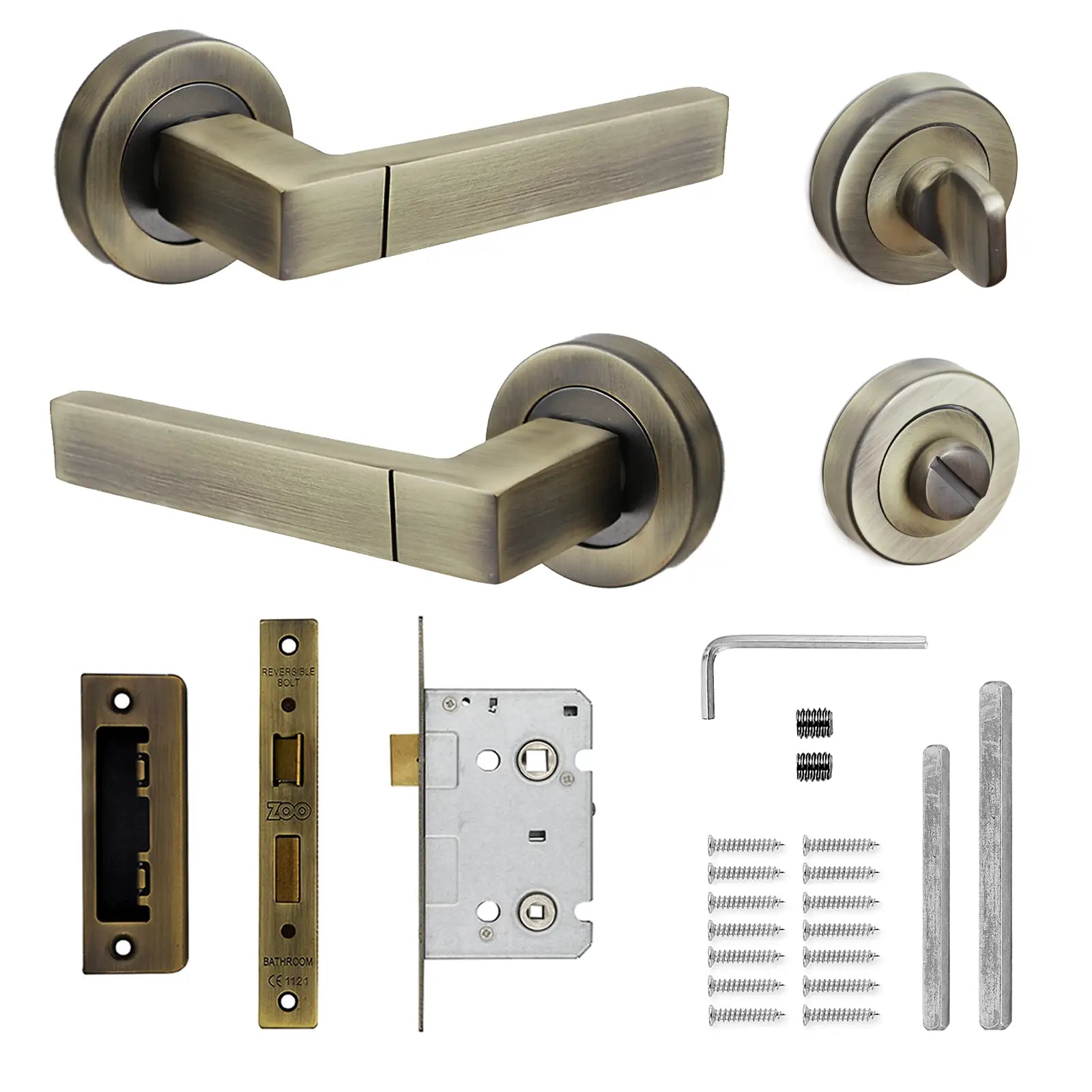 Lumina Antique Brass Bathroom Door Lever Handles - Bathroom Kit Set - Decor And Decor