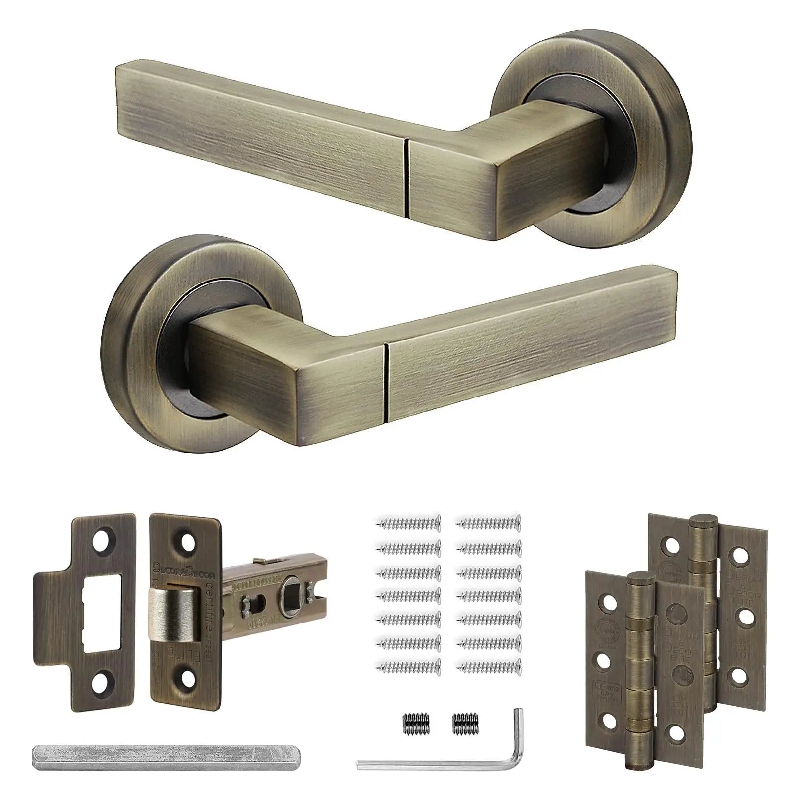 Lumina Antique Brass Passage Door Lever Handles - Latch And Hinge Set - & - Complete